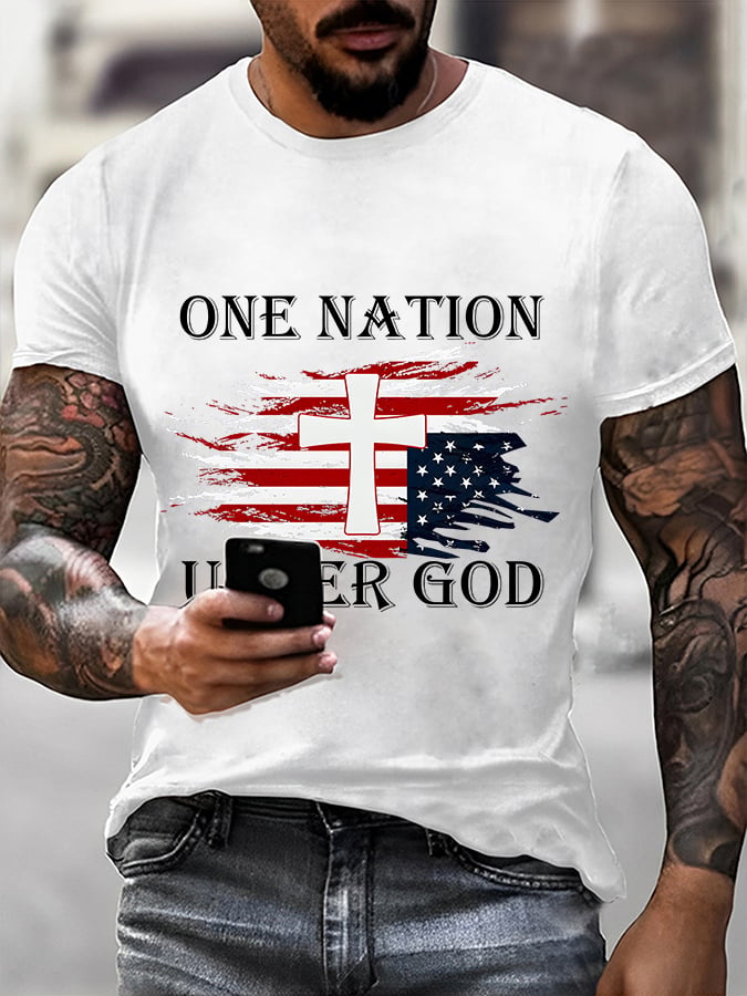Camiseta informal de manga corta para hombre con estampado gráfico de temática religiosa.