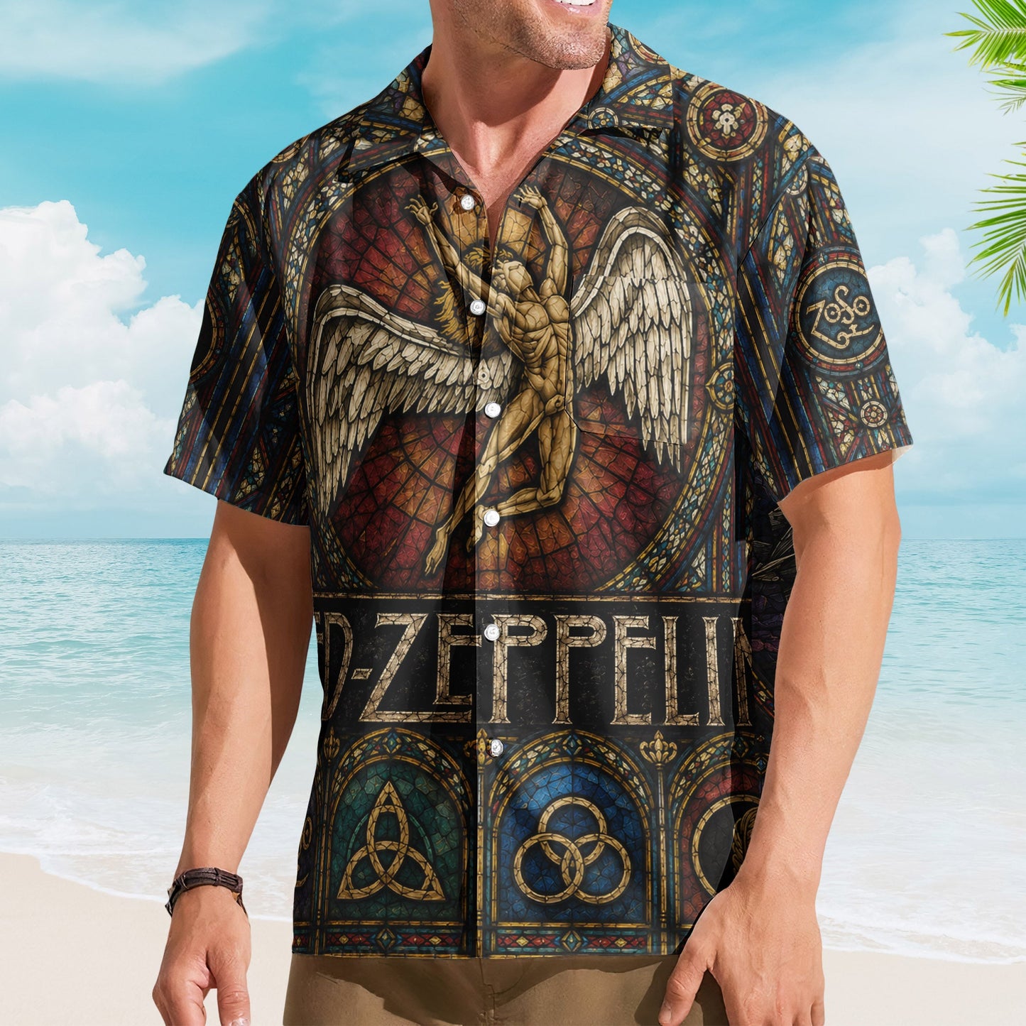 Chemise hawaïenne unisexe Led Zeppelin Swan Song Angel à boutons, motif vitrail coloré