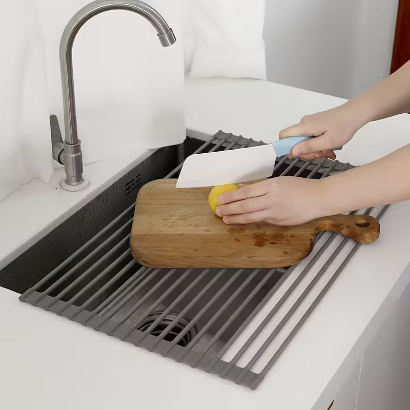Organizador multifuncional para fregadero] 1 organizador de fregadero de cocina de silicona resistente al calor | Alfombrilla multifuncional para escurrir platos, almohadilla enrollable para lavar verduras y estante de almacenamiento