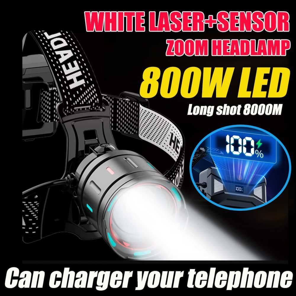 Linterna frontal superbrillante, impermeable, con sensor láser y zoom.