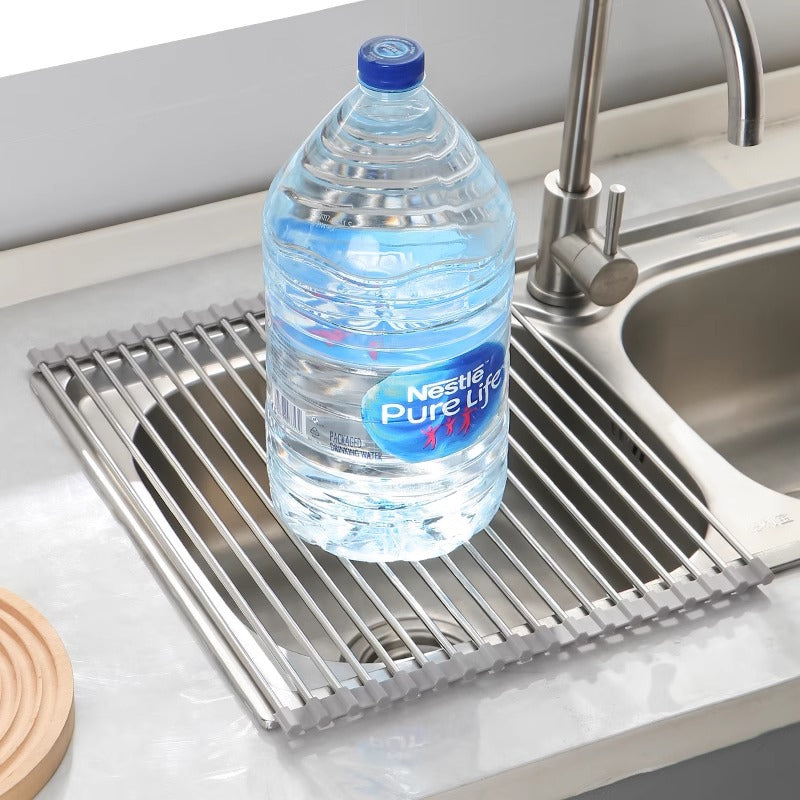 Organizador multifuncional para fregadero] 1 organizador de fregadero de cocina de silicona resistente al calor | Alfombrilla multifuncional para escurrir platos, almohadilla enrollable para lavar verduras y estante de almacenamiento