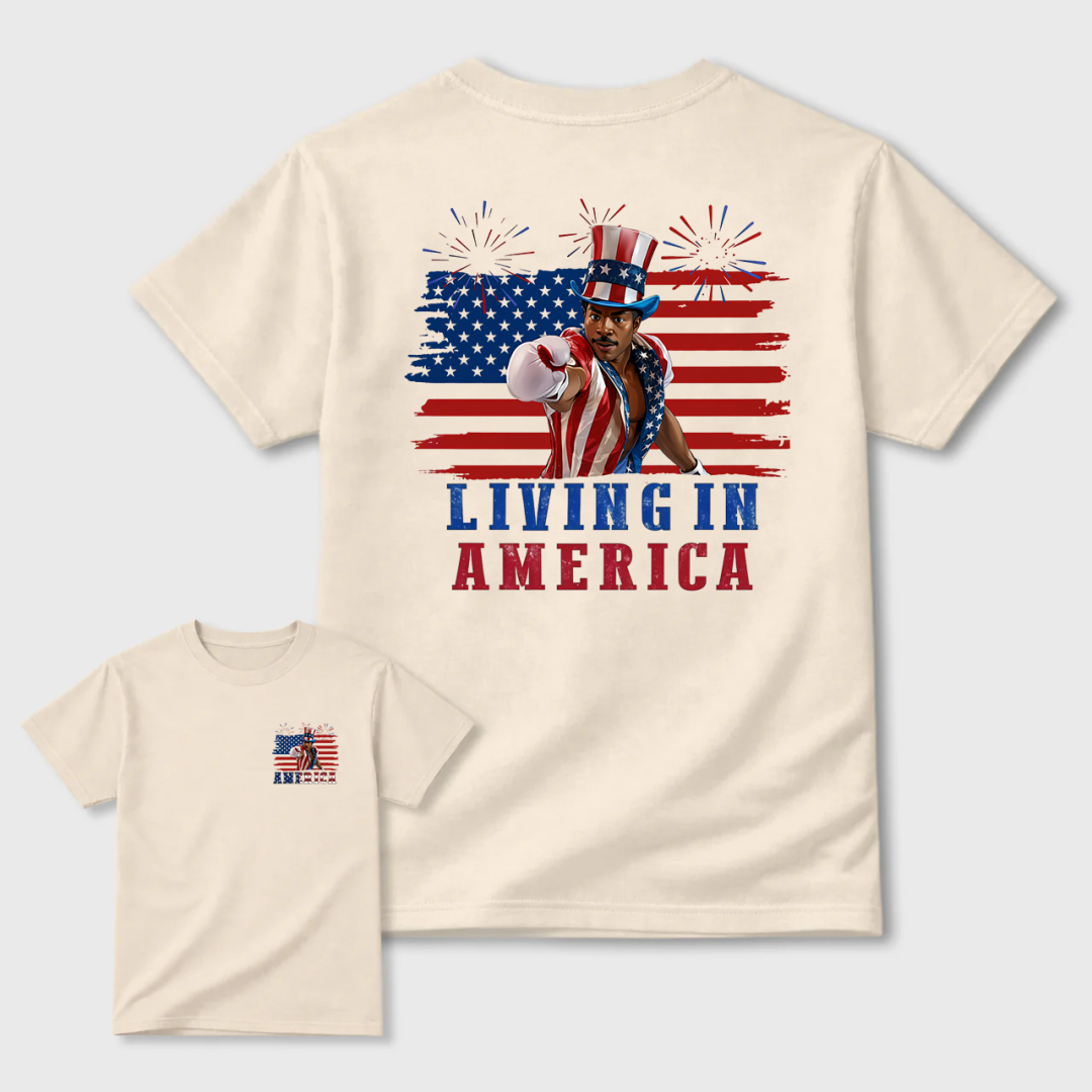 Camiseta gráfica de Apollo Creed "Living In America" para el 4 de julio, Día de la Independencia.