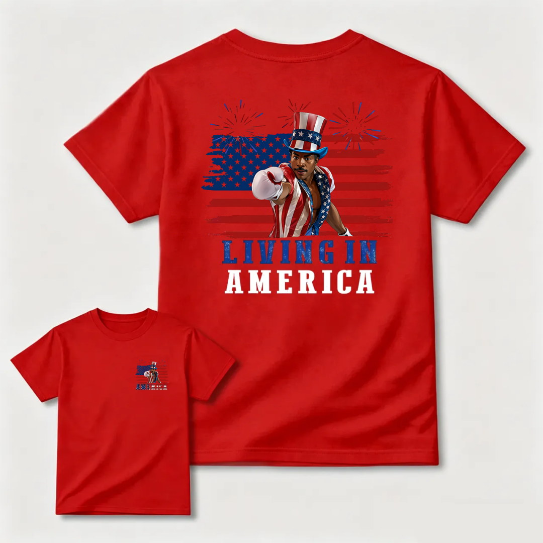 Camiseta gráfica de Apollo Creed "Living In America" para el 4 de julio, Día de la Independencia.