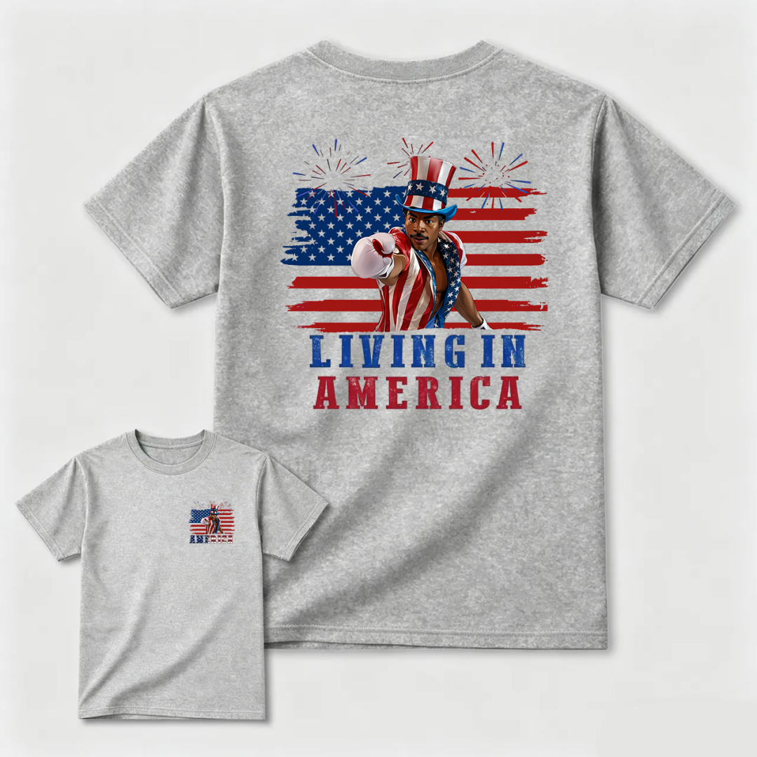 Camiseta gráfica de Apollo Creed "Living In America" para el 4 de julio, Día de la Independencia.