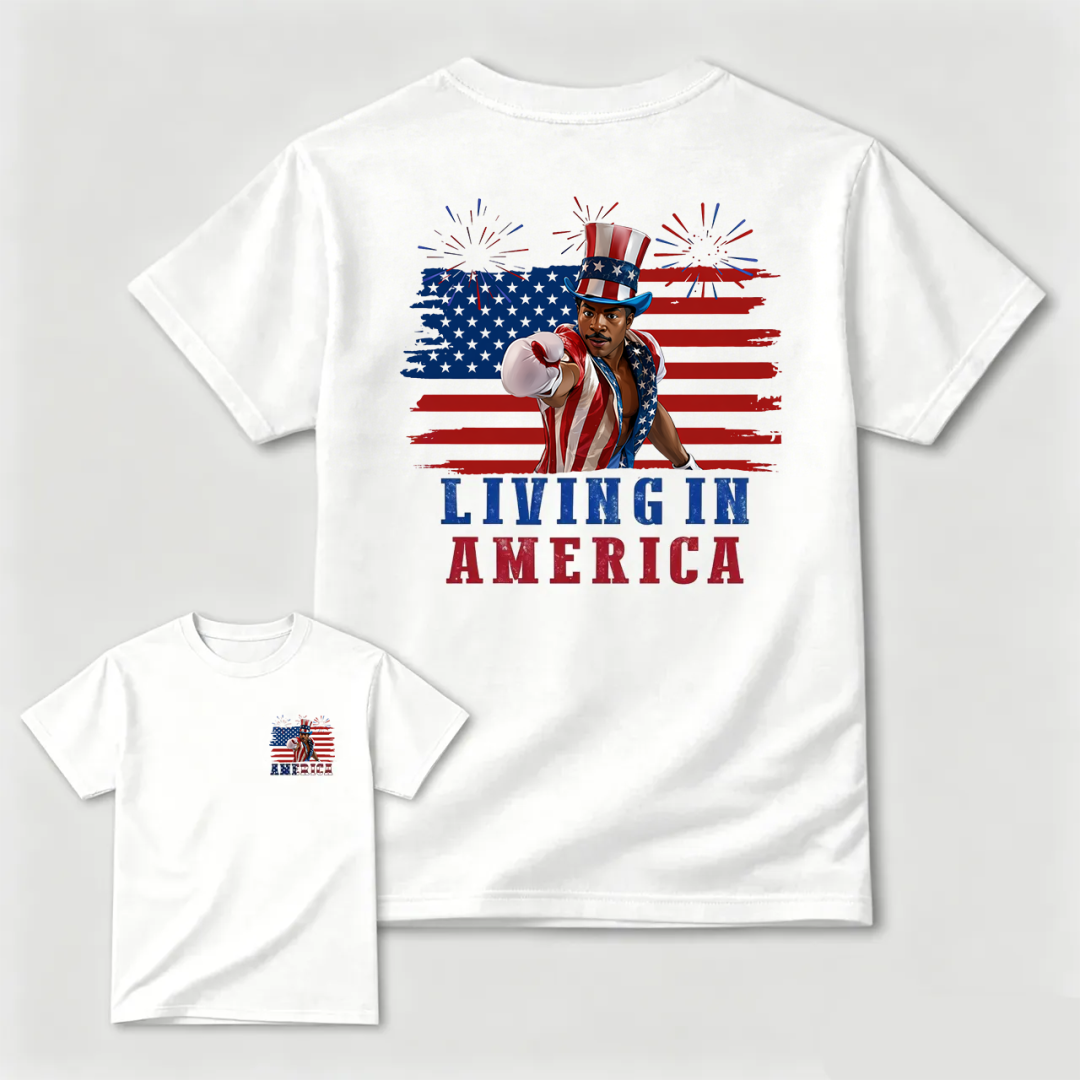 Camiseta gráfica de Apollo Creed "Living In America" para el 4 de julio, Día de la Independencia.