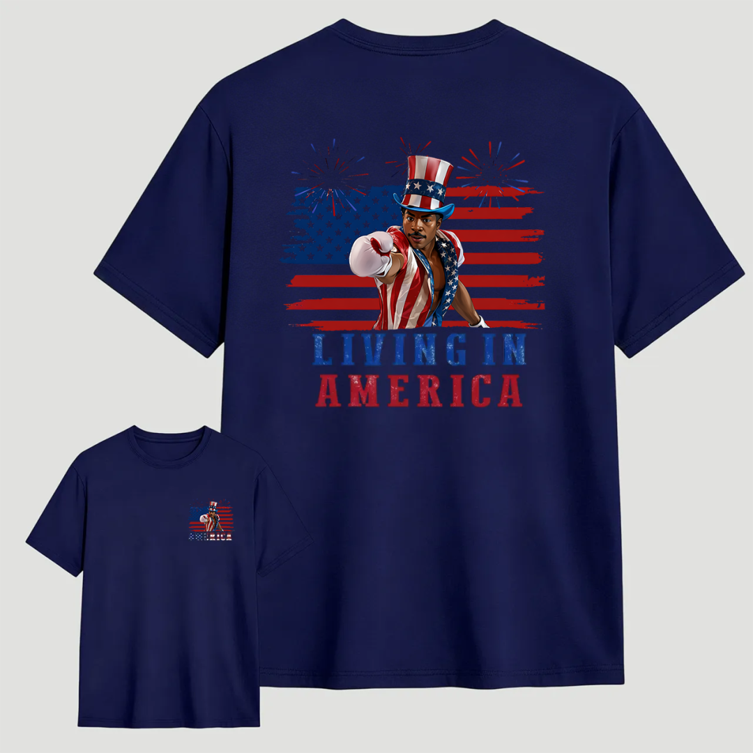 Camiseta gráfica de Apollo Creed "Living In America" para el 4 de julio, Día de la Independencia.