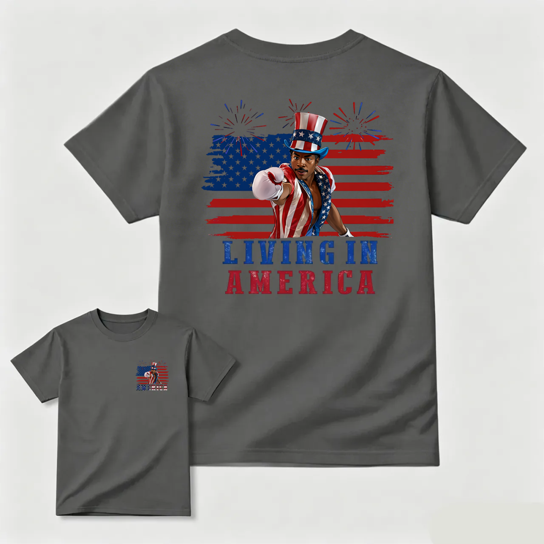 Camiseta gráfica de Apollo Creed "Living In America" para el 4 de julio, Día de la Independencia.