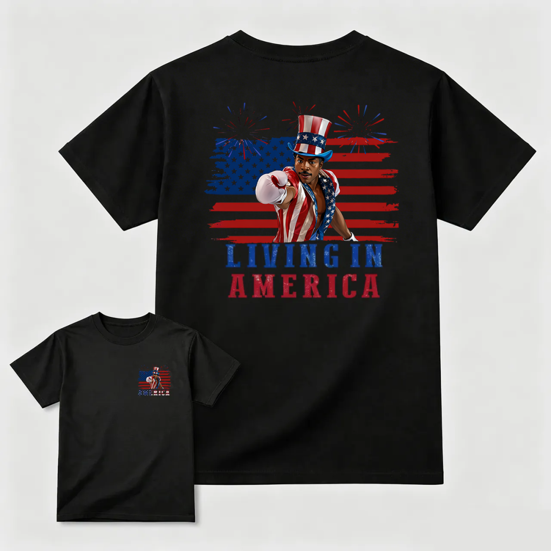 Camiseta gráfica de Apollo Creed "Living In America" para el 4 de julio, Día de la Independencia.