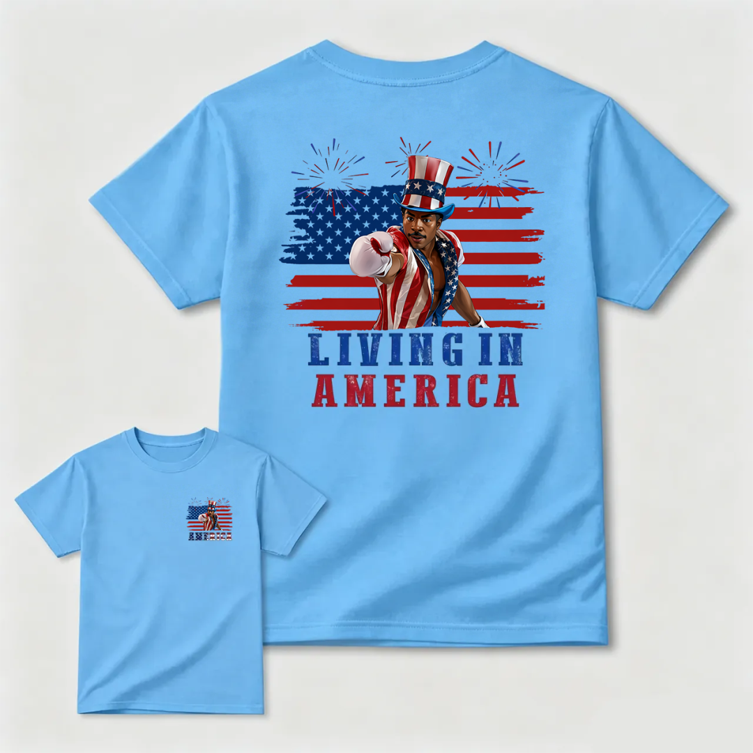 Camiseta gráfica de Apollo Creed "Living In America" para el 4 de julio, Día de la Independencia.