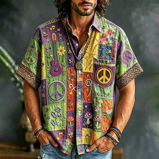 Men's Peace Sign And Guitar Hippie Patchwork Print Casual Shirt