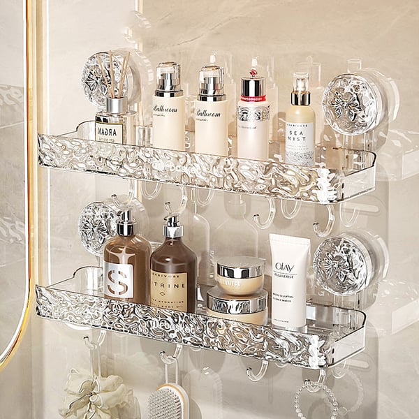 Suction cup wall-mounted shelf for bathroom vanity and cosmetics storage box, no drilling required.