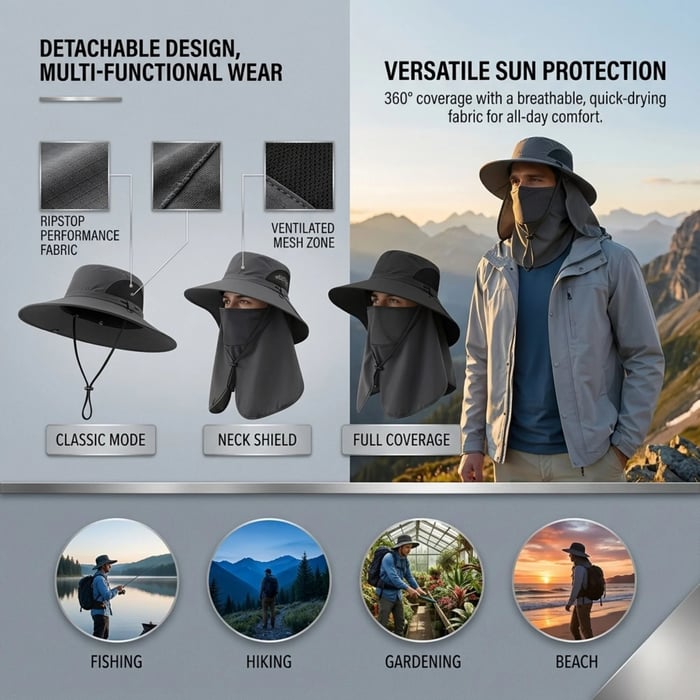 🎁Compra 1 y llévate 1 gratis🎁Sombrero de pescador de primavera/verano con protector facial desmontable para pesca al aire libre y protección para el cuello.