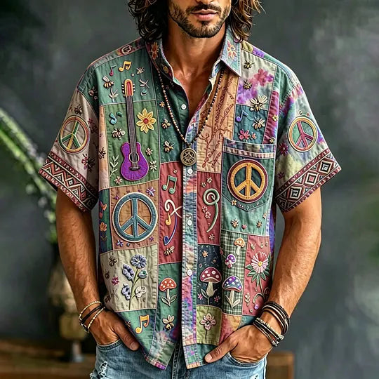Men's Peace Sign And Guitar Hippie Patchwork Print Casual Shirt