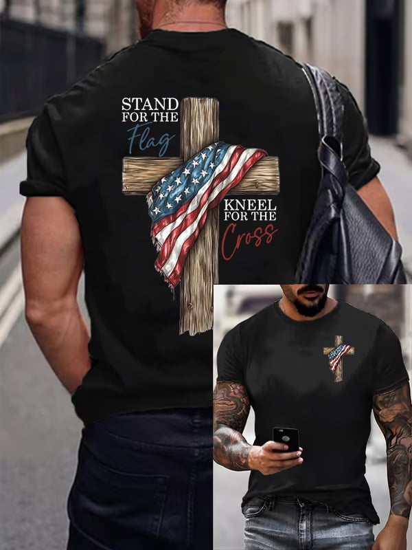 Camiseta informal estampada para hombre con el lema "De pie por la bandera, arrodíllate ante la cruz".