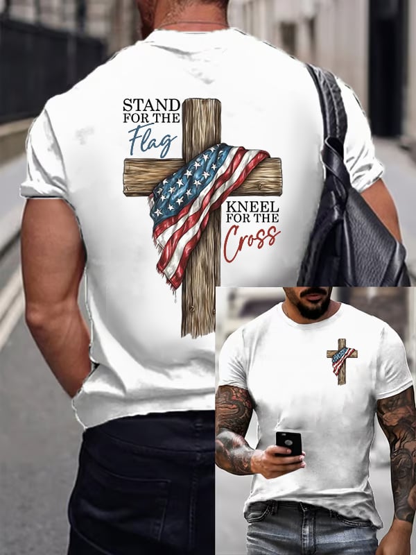 Camiseta informal estampada para hombre con el lema "De pie por la bandera, arrodíllate ante la cruz".