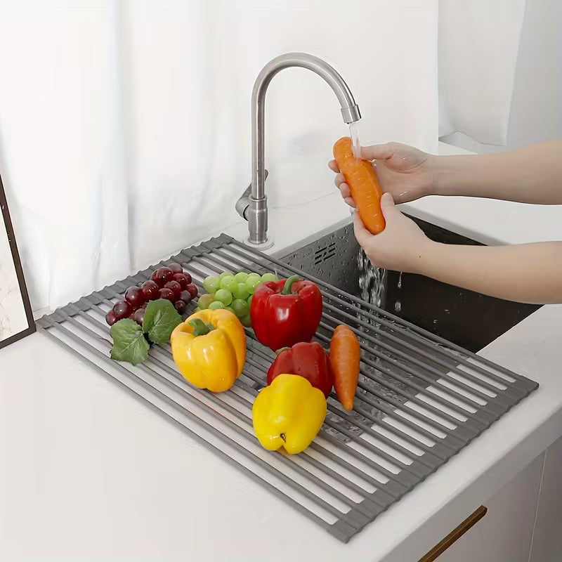Organizador multifuncional para fregadero] 1 organizador de fregadero de cocina de silicona resistente al calor | Alfombrilla multifuncional para escurrir platos, almohadilla enrollable para lavar verduras y estante de almacenamiento
