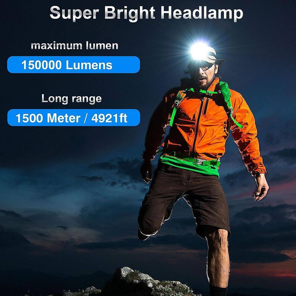 Linterna frontal superbrillante, impermeable, con sensor láser y zoom.