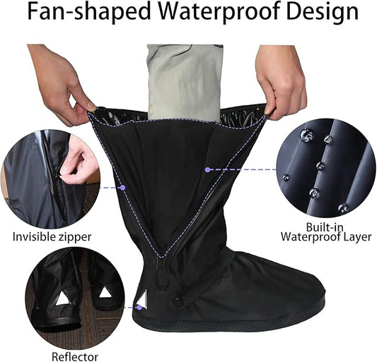 Waterproof rain boots with non-slip zippers and reflective features.