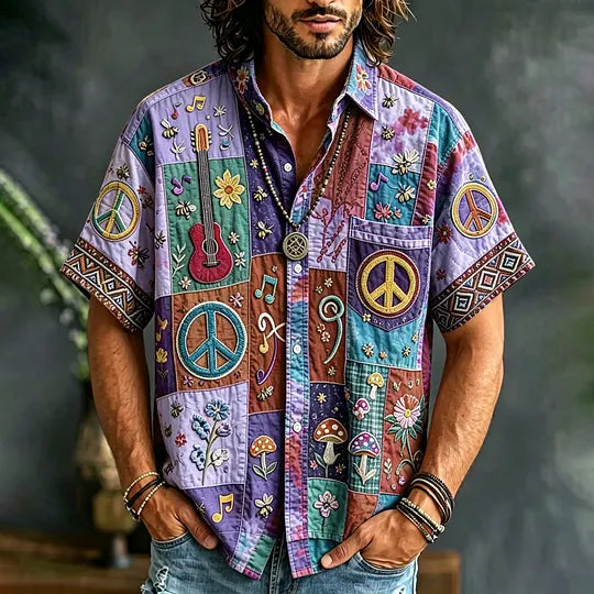 Men's Peace Sign And Guitar Hippie Patchwork Print Casual Shirt