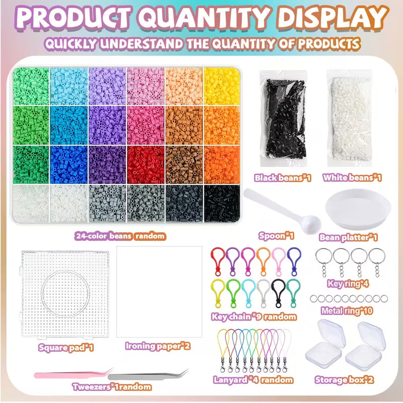 Füllbeutel für 2,6 mm große, mehrfarbige Perler-Perlen, DIY-Perlen-Set, inklusive Aufhängeschnur, Schlüsselanhänger, quadratischer Steckplatte, Aufbewahrungsbox, Pinzette, geeignet für Geburtstage, Schulabschlüsse, Valentinstag, Ostern und andere Anlässe.