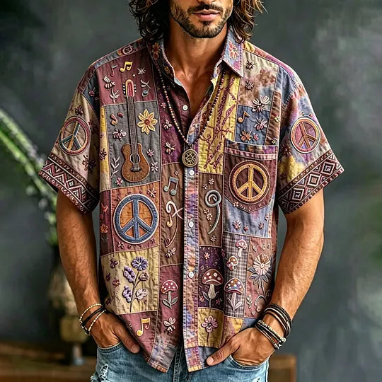 Men's Peace Sign And Guitar Hippie Patchwork Print Casual Shirt